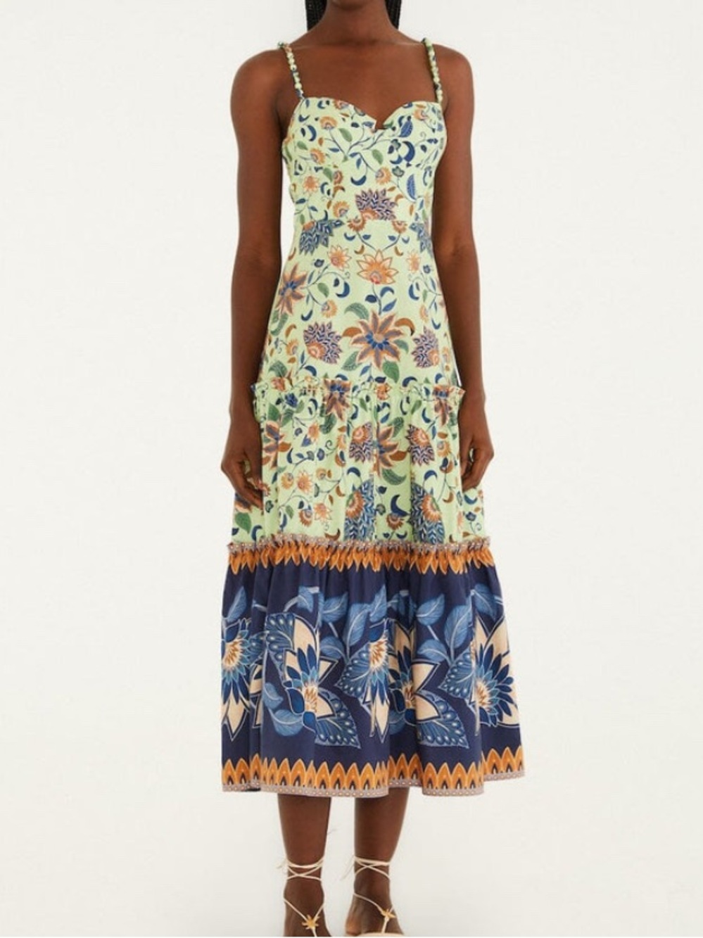 FARM Rio • Green Floral Delhi Tapestry Beaded Straps Midi Dress